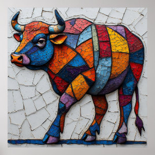 Colourful Mosaic Bull Poster