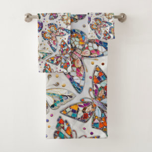 Colourful Mosaic Butterfly pattern on pearl Bath Towel Set