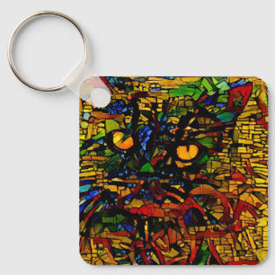 Colourful Mosaic Cat Art Prin Key Ring