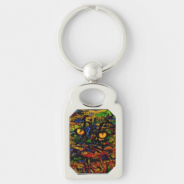 Colourful Mosaic Cat Art Prin Key Ring (Front)