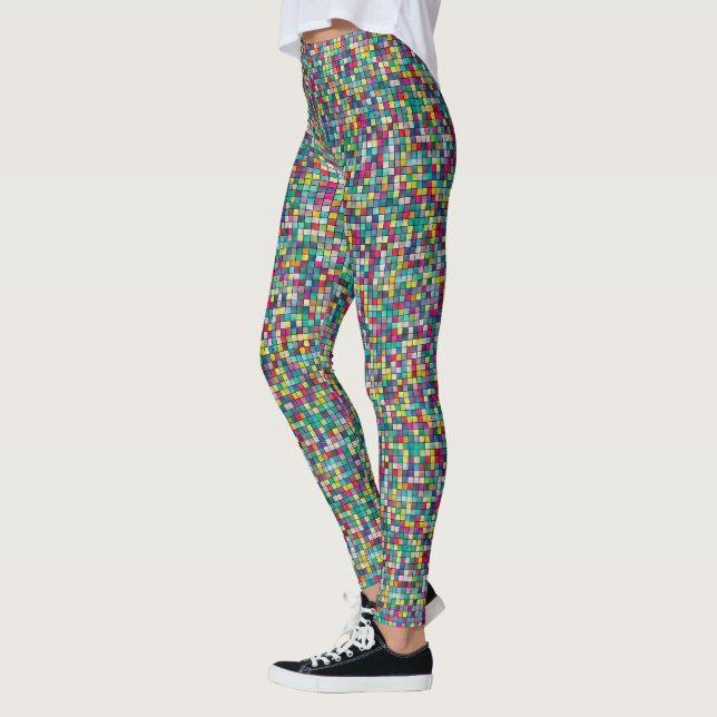 Colourful mosaic, geometric squares pattern leggings (Left)