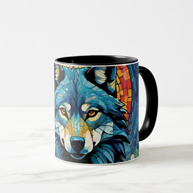 Colourful Mosaic Illustration of Majestic Wolf Mug (Front Right)
