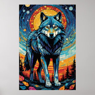 Colourful Mosaic Illustration of Majestic Wolf Poster
