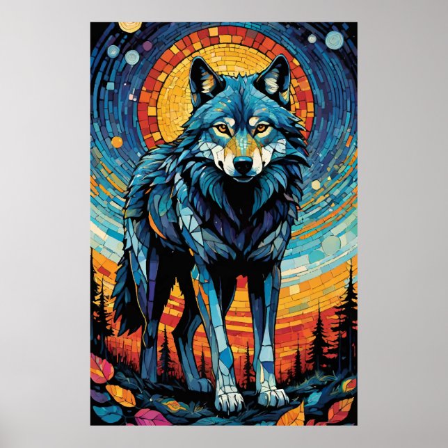 Colourful Mosaic Illustration of Majestic Wolf Poster (Front)