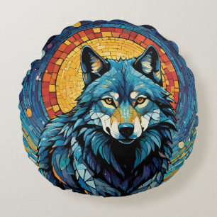 Colourful Mosaic Illustration of Majestic Wolf Round Cushion