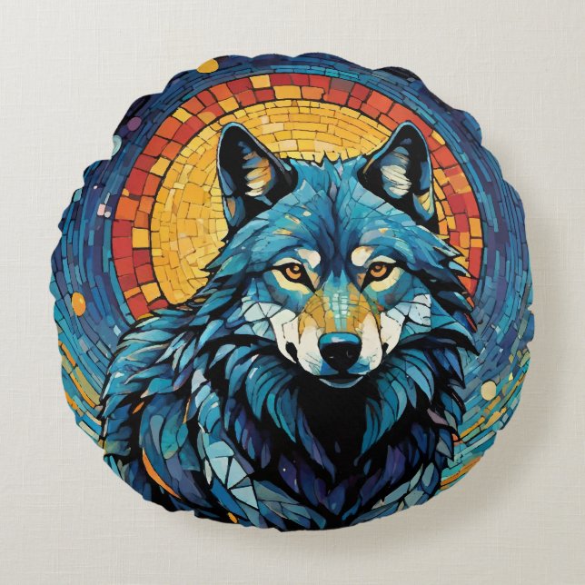 Colourful Mosaic Illustration of Majestic Wolf Round Cushion (Front)