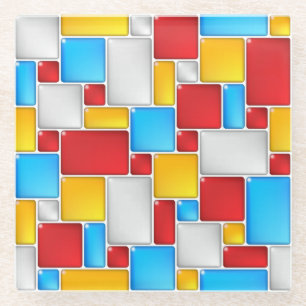 Colourful Mosaic Squares Glass Coaster