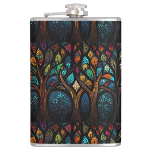 Colourful Mosaic Stained Glass Tree effect design Hip Flask