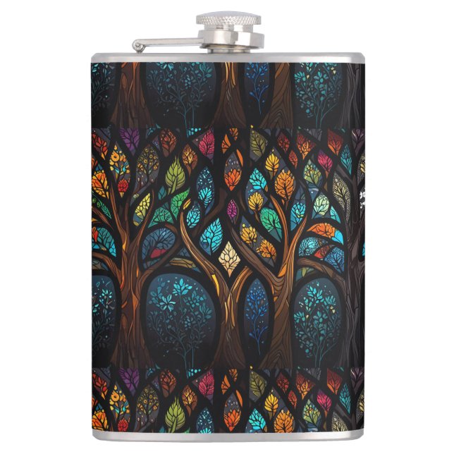 Colourful Mosaic Stained Glass Tree effect design Hip Flask (Front)