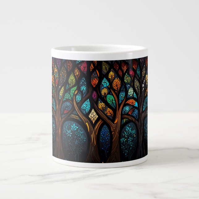 Colourful Mosaic Stained Glass Tree effect design Large Coffee Mug (Front)