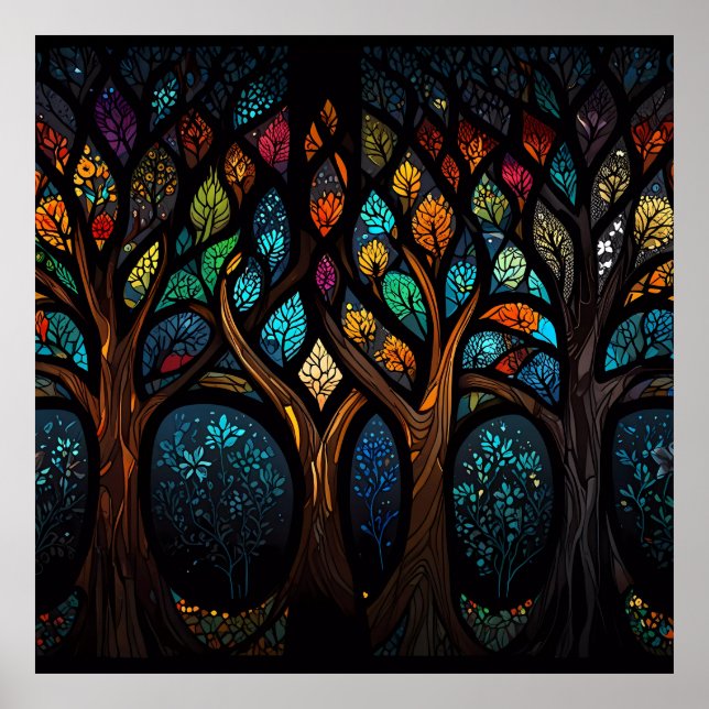 Colourful Mosaic Stained Glass Tree effect design Poster (Front)