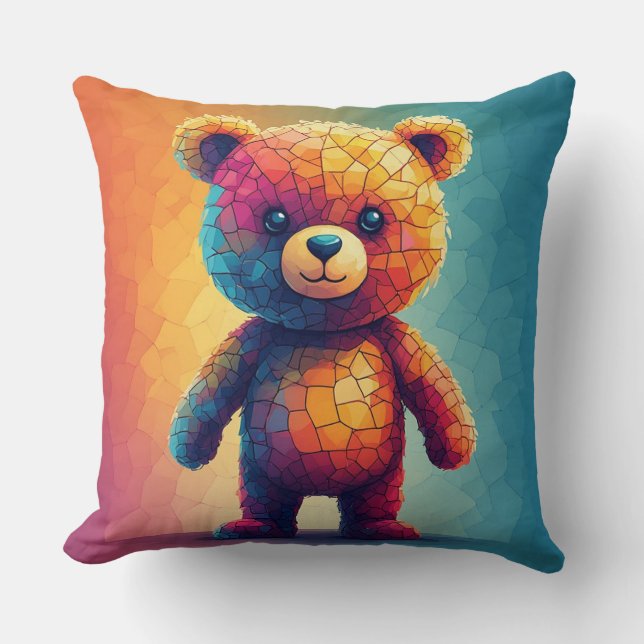 Colourful Mosaic Teddy Bear Cushion (Front)