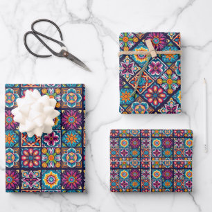 Colourful mosaic tile design with flowers 10 wrapping paper sheet