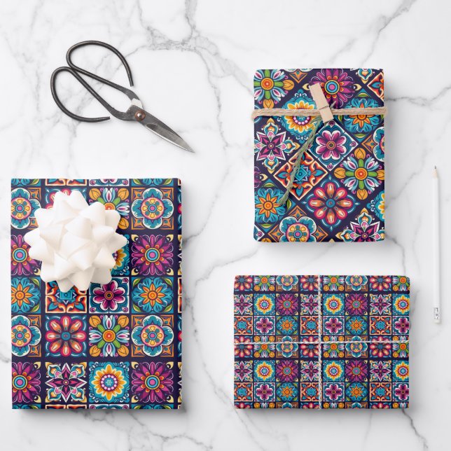 Colourful mosaic tile design with flowers 10 wrapping paper sheet (Front)