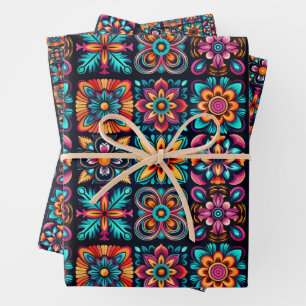 Colourful mosaic tile design with flowers 2 wrapping paper sheet