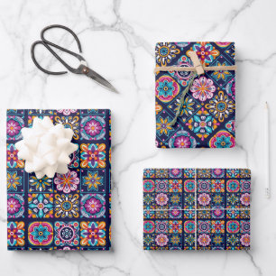 Colourful mosaic tile design with flowers 3 wrapping paper sheet