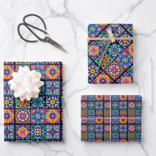 Colourful mosaic tile design with flowers 5 wrapping paper sheet