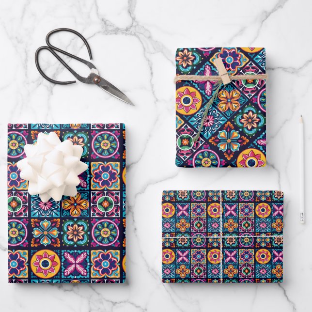 Colourful mosaic tile design with flowers 6 wrapping paper sheet (Front)