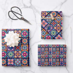 Colourful mosaic tile design with flowers 9 wrapping paper sheet