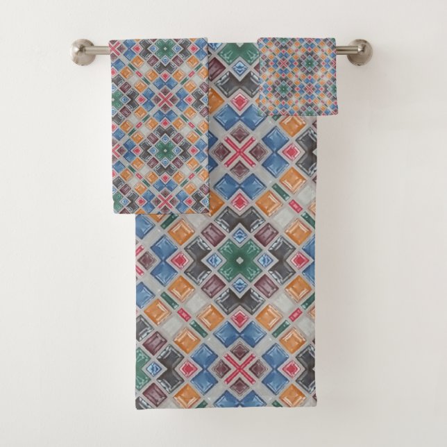 Colourful Mosaic Tile Pattern Bath Towel Set (Insitu)