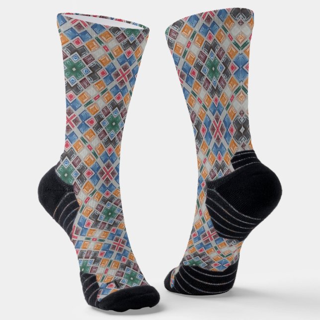 Colourful Mosaic Tile Pattern Bath Towel Set Socks (Angled)