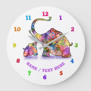 Colourful Mother and Baby Elephant - Add Text /Nam Large Clock