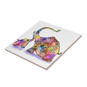 Colourful Mother and Baby Elephant Ceramic Tile