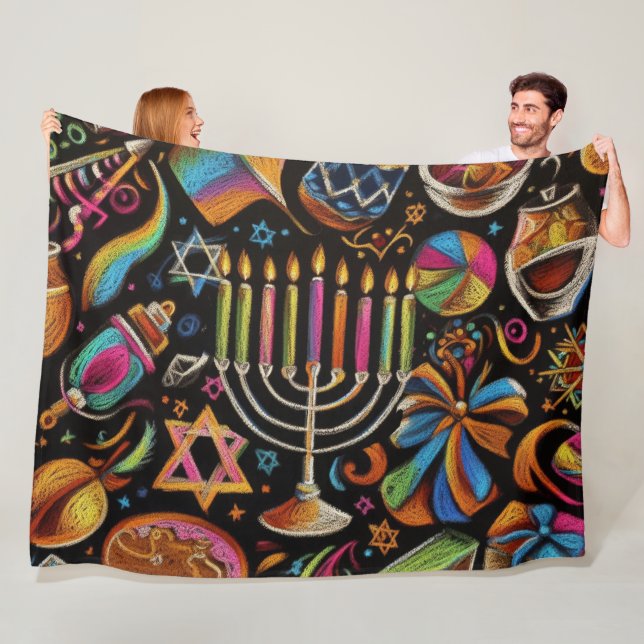 Colourful Motifs Hanukkah Menorah Fleece Blanket (In Situ)