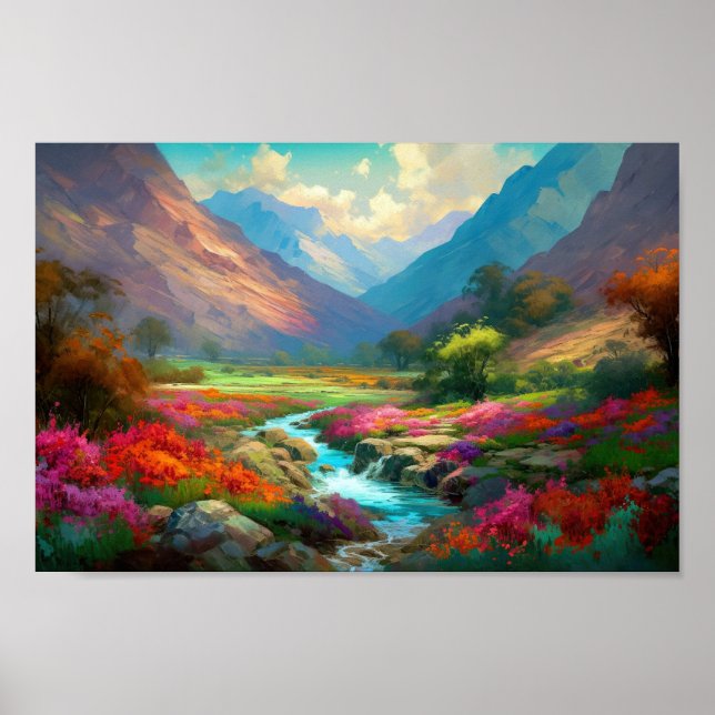 Colourful Mountain, Blue Skies, Flowers and River Poster (Front)