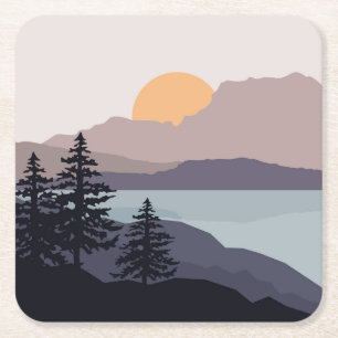 Colourful Mountain lake sunrise landscape Square Paper Coaster