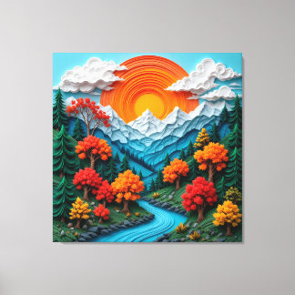 Colourful Mountain Landscape with River, Trees Canvas Print