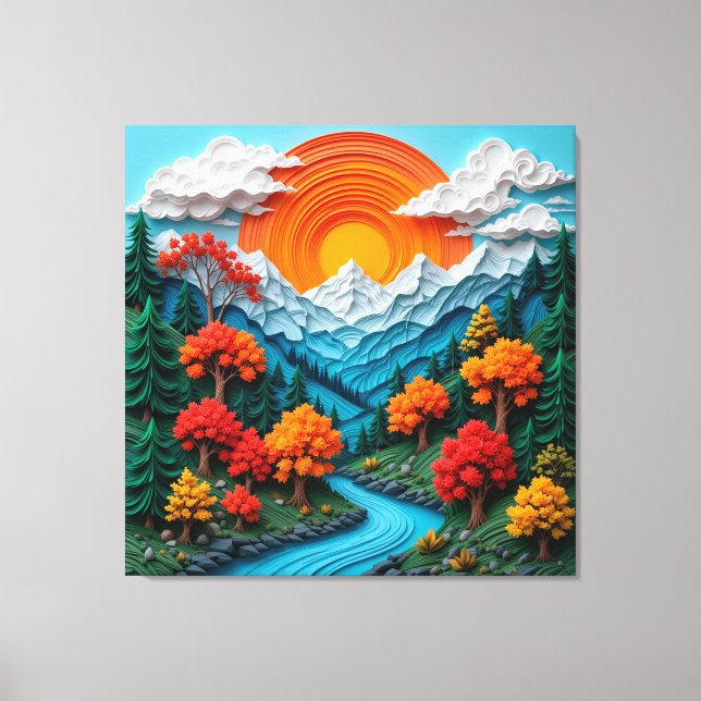 Colourful Mountain Landscape with River, Trees Canvas Print (Front)