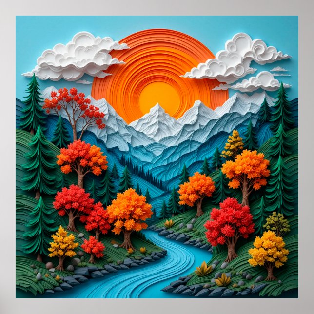 Colourful Mountain Landscape with River, Trees Poster (Front)