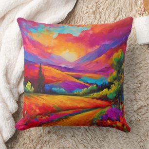 Colourful Mountain Sunset Landscape Painting Cushion