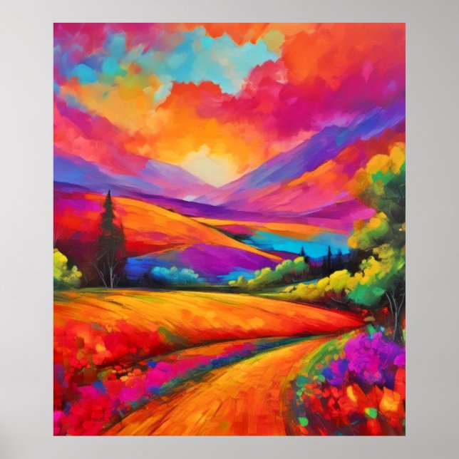 Colourful Mountain Sunset Landscape Painting Poster (Front)