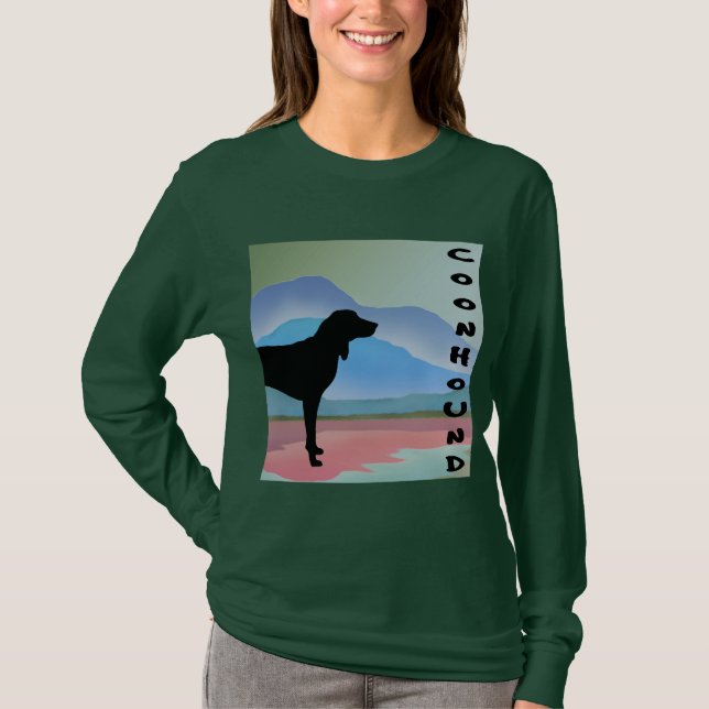 Colourful Mountains Coonhound (with text) T-Shirt (Front)