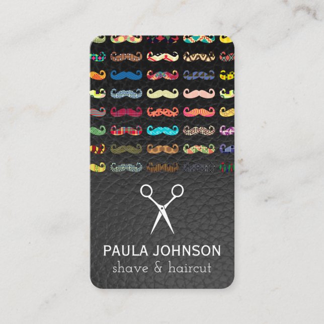 Colourful Moustaches Pattern Leather Business Card (Front)