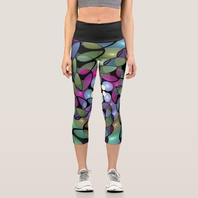 Colourful Movements Abstract Trippy Fractal Art Capri Leggings (Front)