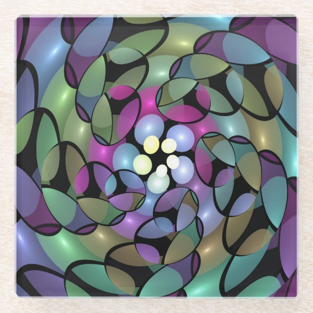 Colourful Movements Abstract Trippy Fractal Art Glass Coaster (Front)