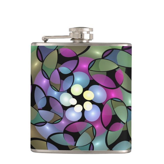 Colourful Movements Abstract Trippy Fractal Art Hip Flask (Front)
