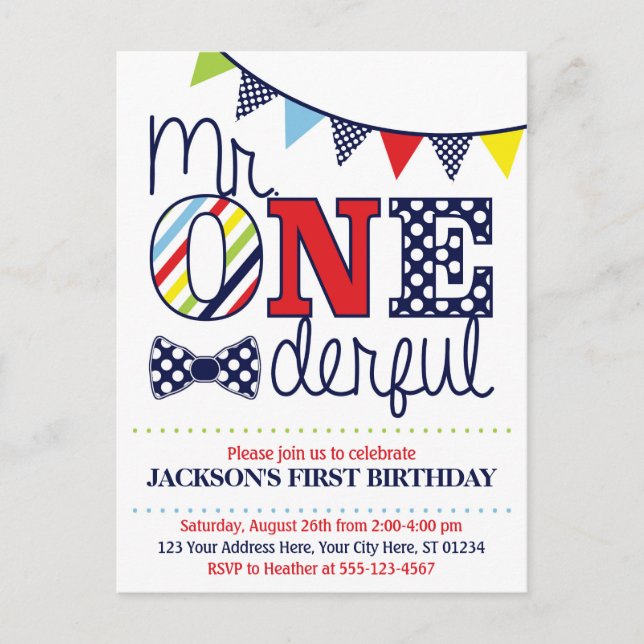 Colourful Mr. ONEderful Birthday Invitation Postcard (Front)