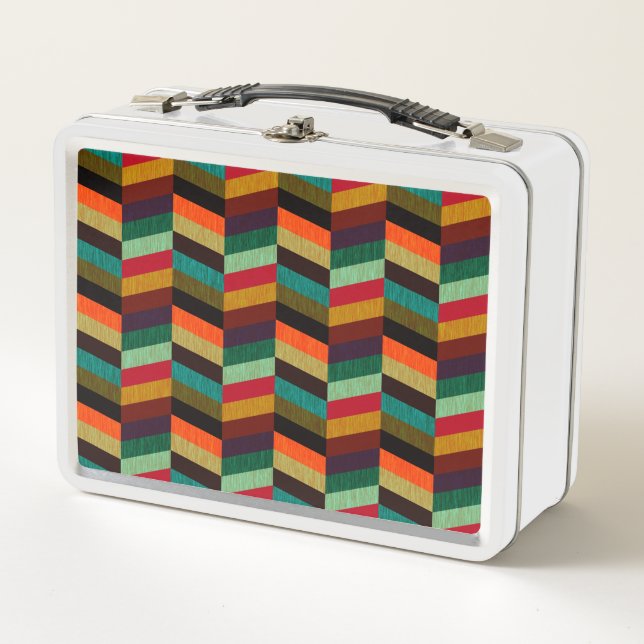 Colourful Multi-Coloured Herringbone Pattern Metal Lunch Box (Front)