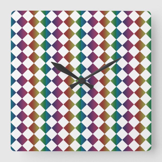 Colourful Multicolor Diamond Harlequin Chequered  Square Wall Clock (Front)