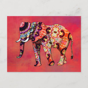 Colourful Multicolored Elephant on a Red Abstract Postcard