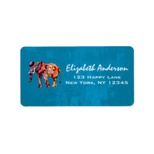 Colourful Multicolored Elephant on Blue Background Label
