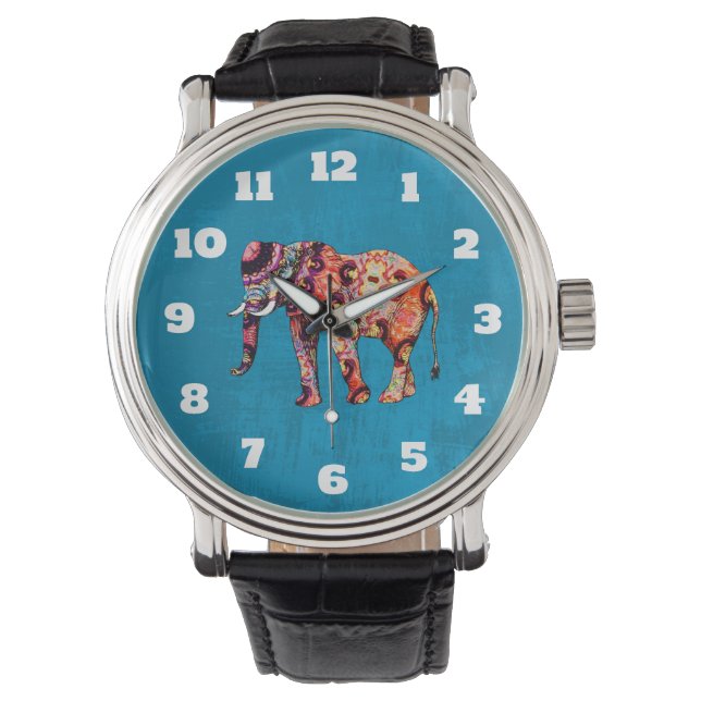 Colourful Multicolored Elephant on Blue Background Watch (Front)
