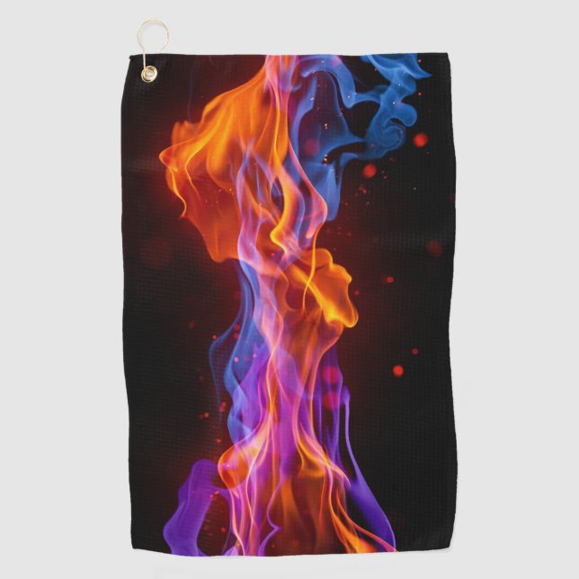 Colourful multicolored flames golf towel (Front)