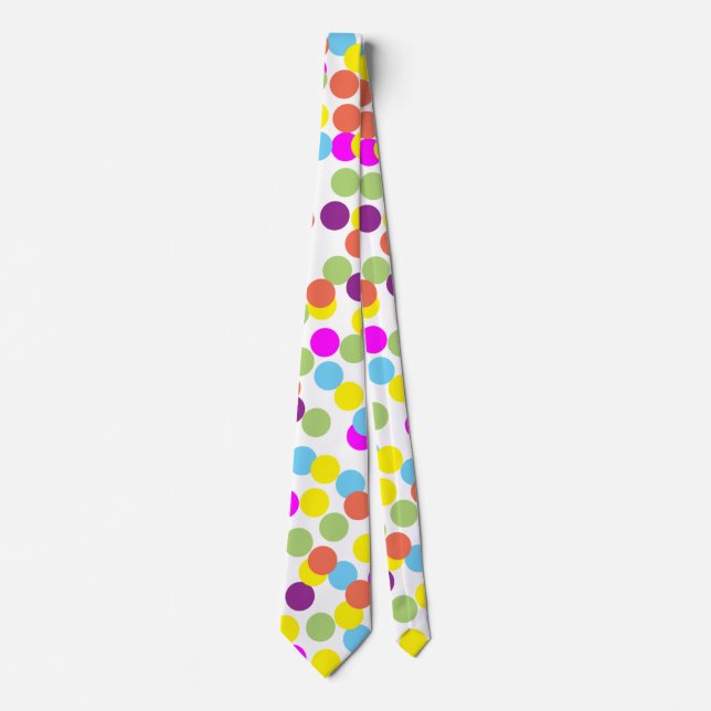 Colourful Multicolored Polka-Dots on White Tie (Front)