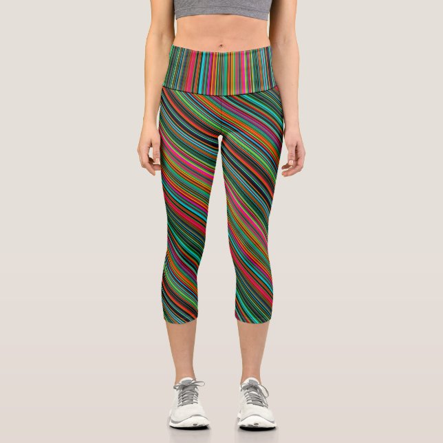 Colourful Multicolored Striped Pattern Capri Leggings (Front)