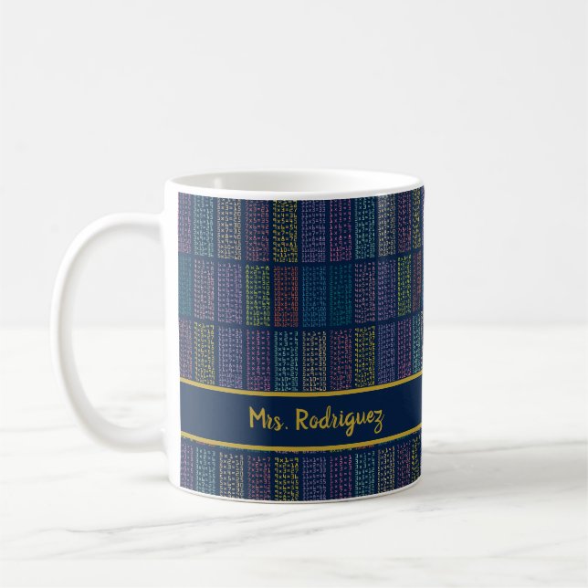 Colourful Multiplication Tables Pattern on Navy Coffee Mug (Left)